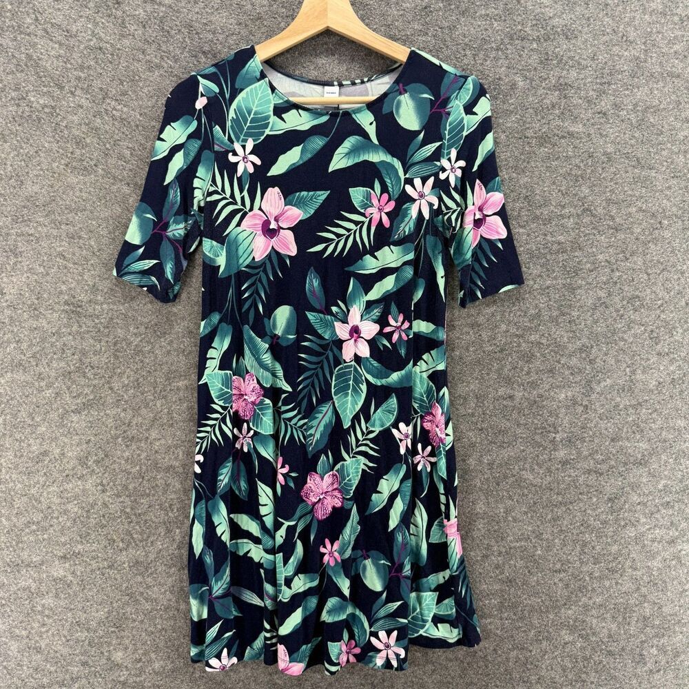 Old Navy Dress Women XS Blue Floral Shift Midi 3/4 Sleeve Rayon Round Neck